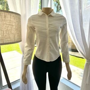 Womens Renoma Paris Long Sleeve Top Size M Embroidered Ivory Button Up Shirt